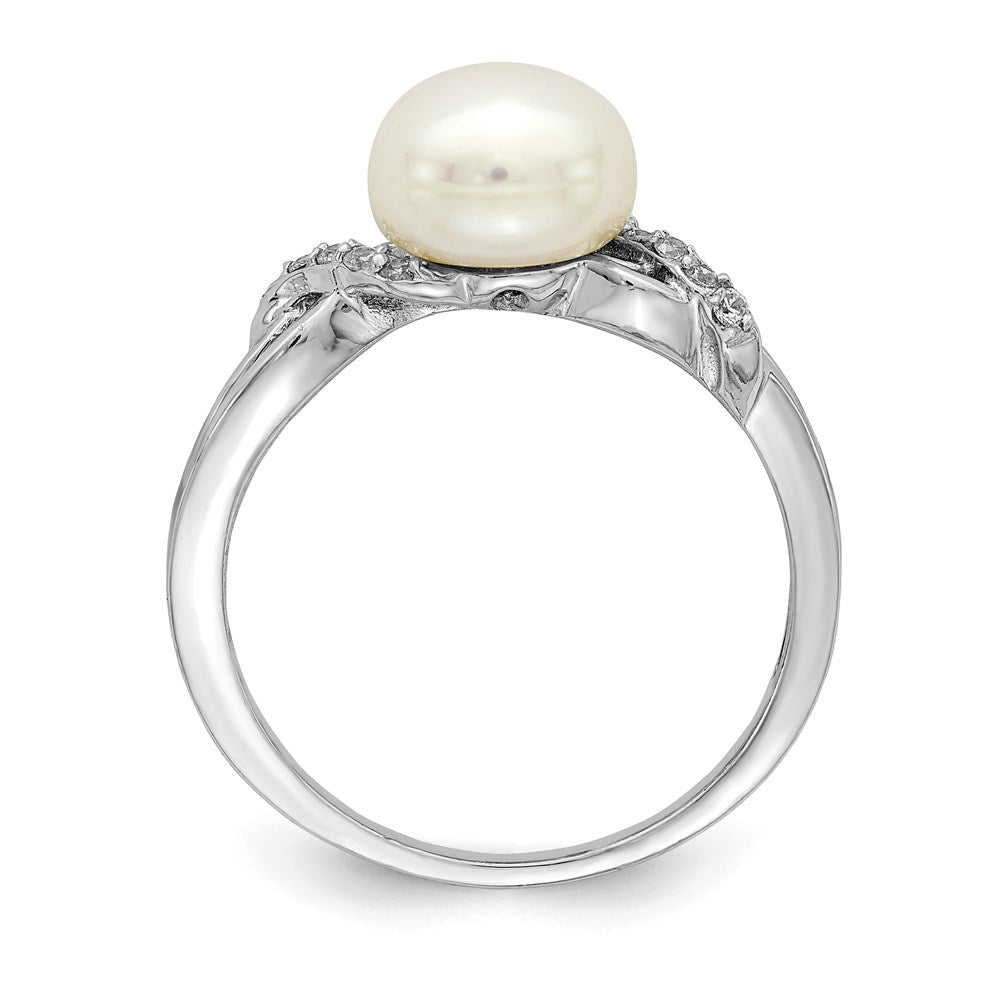 Sterling Silver Rhodium-plated 8-9mm White FW Cultured Pearl CZ Ring