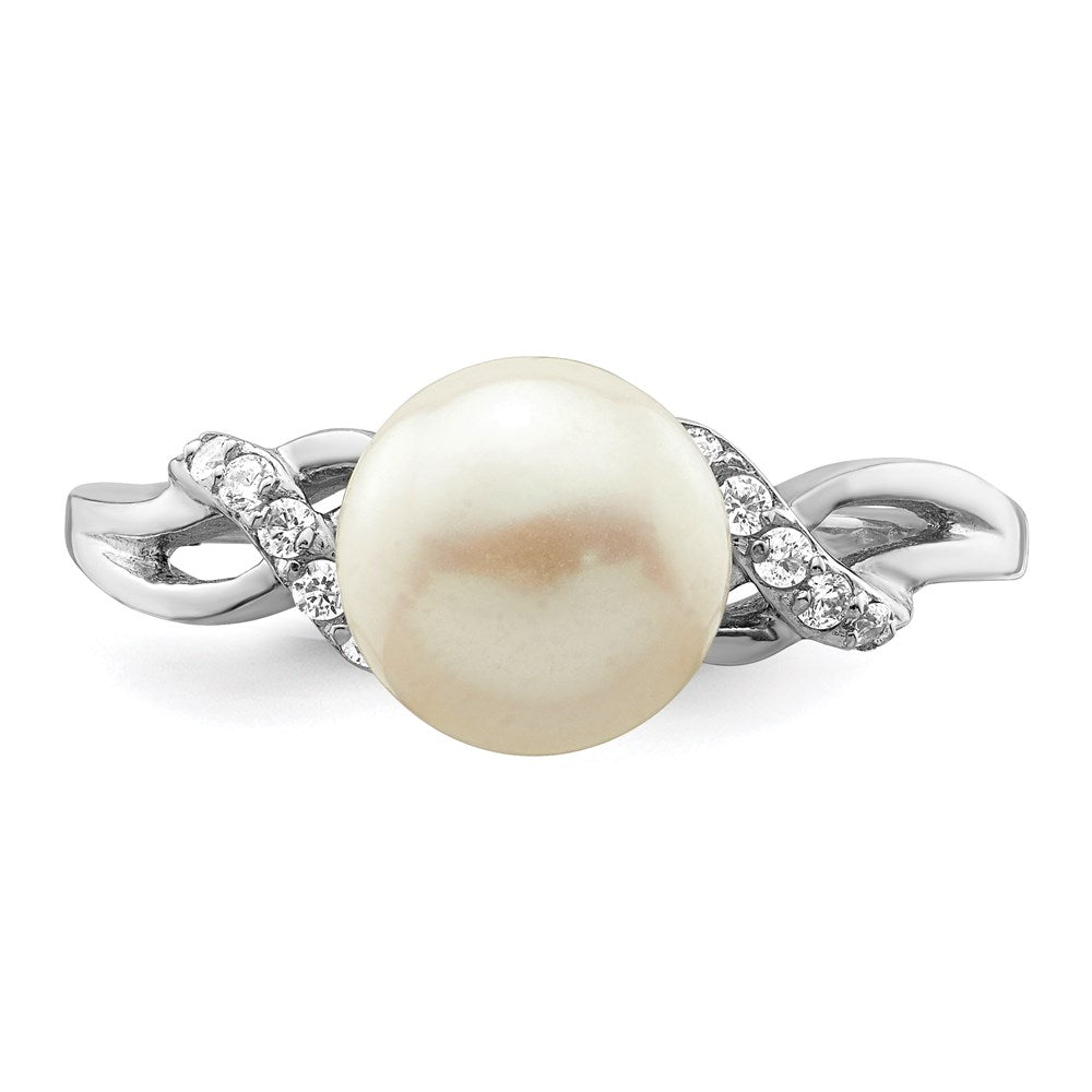 Sterling Silver Rh-plated 8-9mm White FW Cultured Pearl CZ Ring