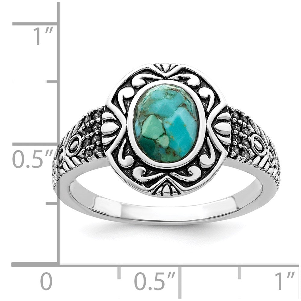 Sterling Silver Rhodium-plated Oxidized Faceted Recon. Turquoise Ring
