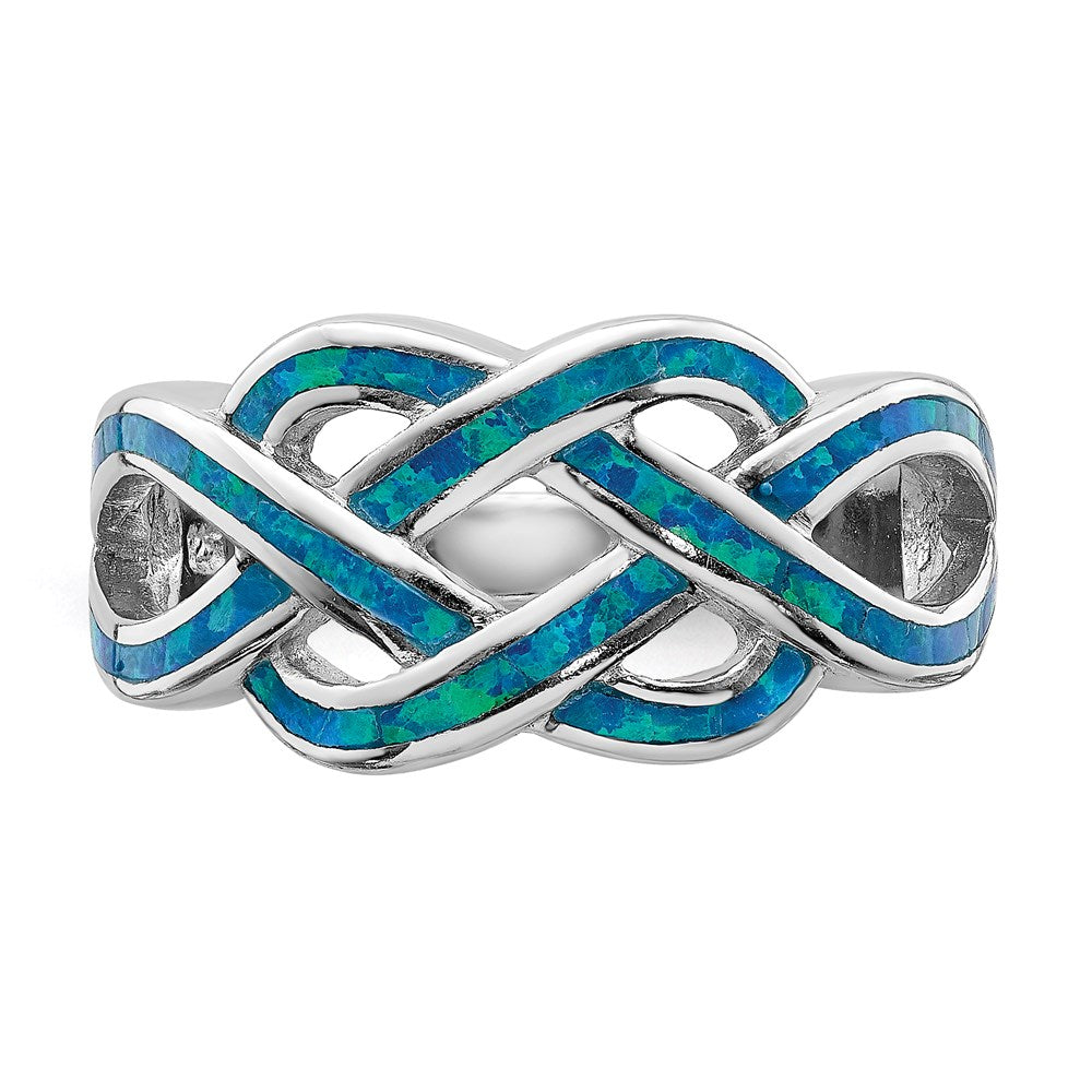 Sterling Silver Rhodium-plated Lab Created Blue Opal Inlay Celtic Knot Ring