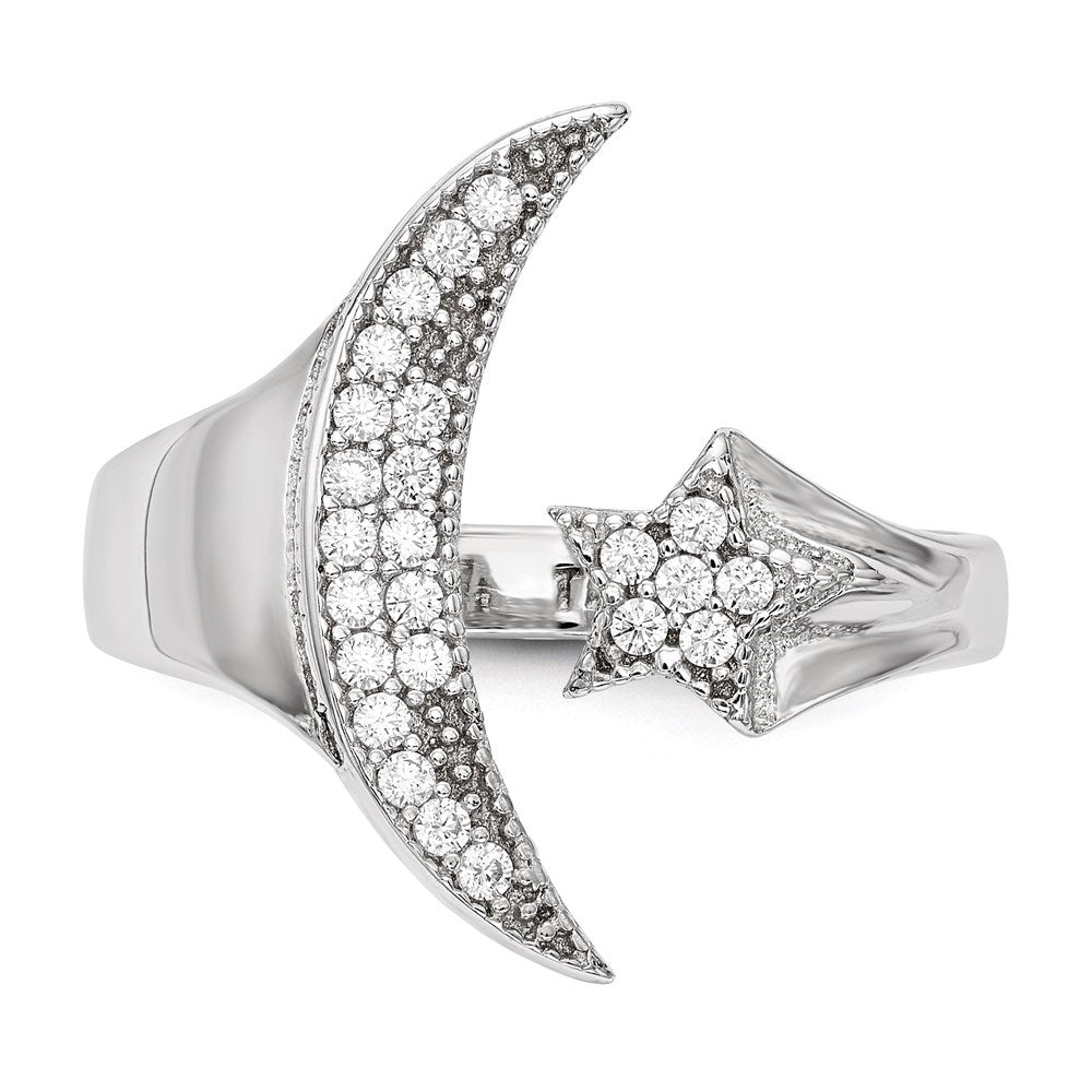 Sterling Silver Rhodium-plated CZ Moon w/Star Polished Ring