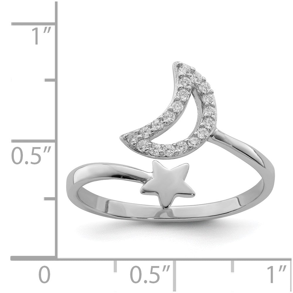 Sterling Silver Rhodium-plated CZ Moon and Star Ring