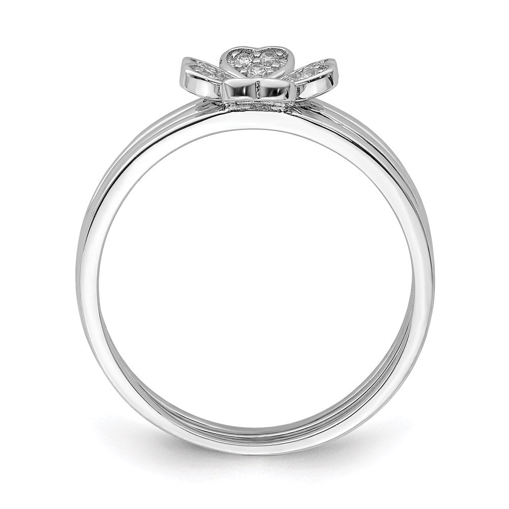 Sterling Silver Rhodium-plated CZ Heart Clover 3 Ring Set