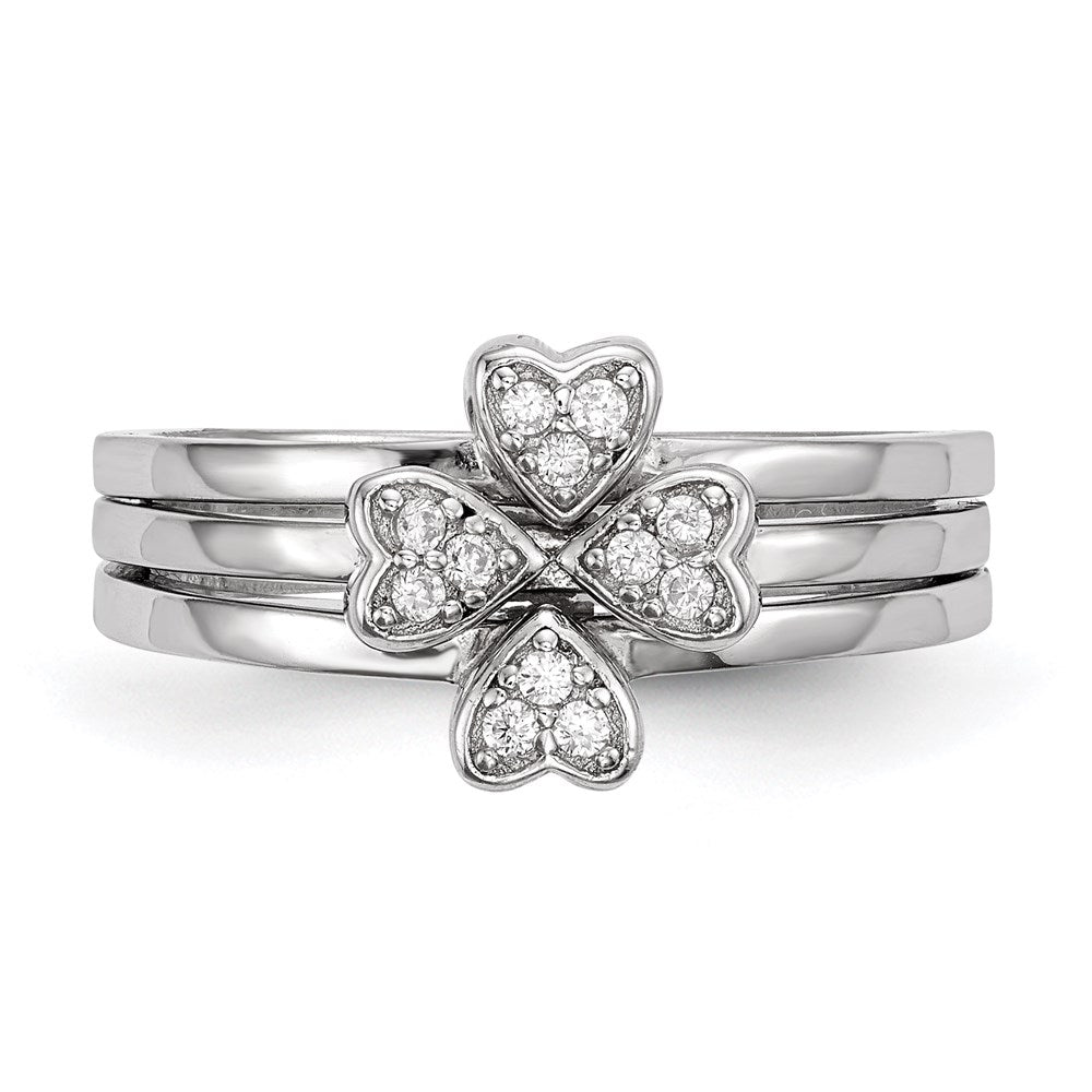 Sterling Silver Rhodium-plated CZ Heart Clover 3 Ring Set