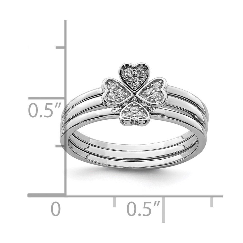 Sterling Silver Rhodium-plated CZ Heart Clover 3 Ring Set