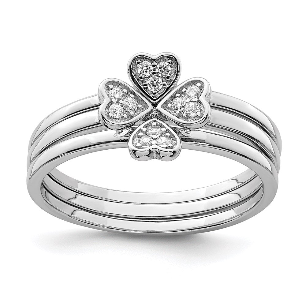 Sterling Silver Rhodium-plated CZ Heart Clover 3 Ring Set