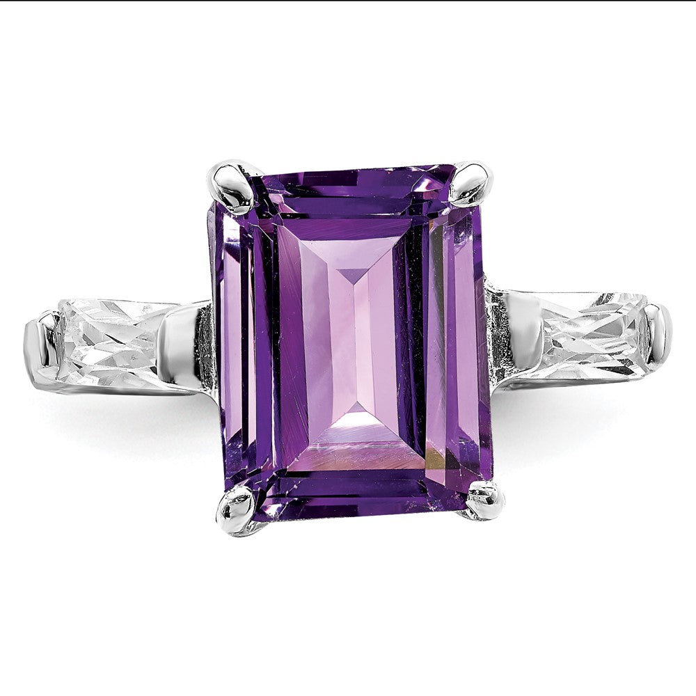 Sterling Silver Rhodium-plated Amethyst and CZ Ring