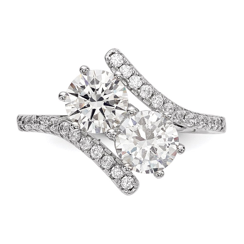 Sterling Silver Rhodium-plated CZ Two Stone Round Bypass Ring