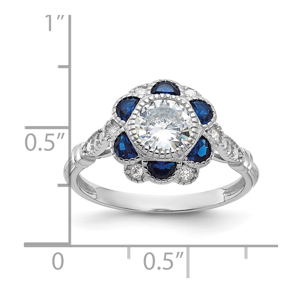 Sterling Silver Rhodium-plated CZ and Lab Cr. Blue Sapphire Flower Ring