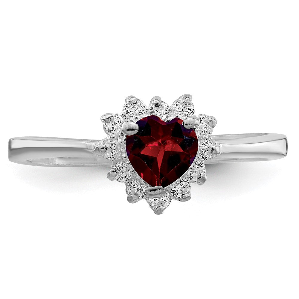 Sterling Silver Rhodium-plated Garnet & CZ Heart Ring