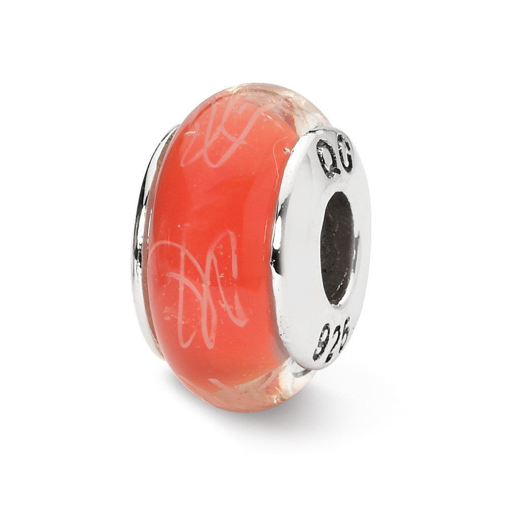 Sterling Silver Reflections Orange/White Scribbles Hand-blown Glass Bead