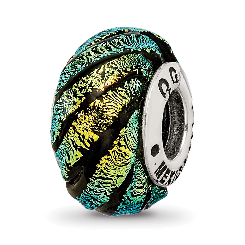 Sterling Silver Reflections Green Swirl Dichroic Glass Bead Size: 14.55MM X 10MM