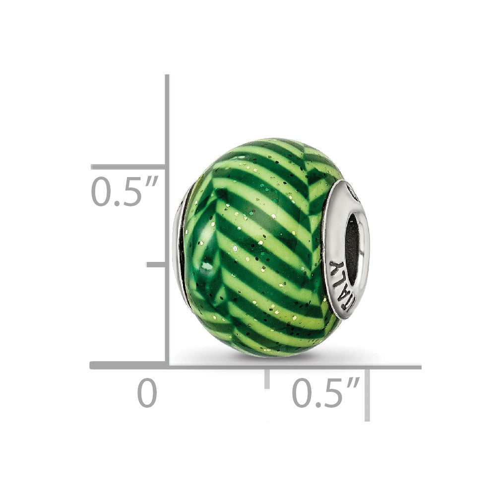 Sterling Silver Reflections Italian Green Stripes w/Glitter Glass Bead
