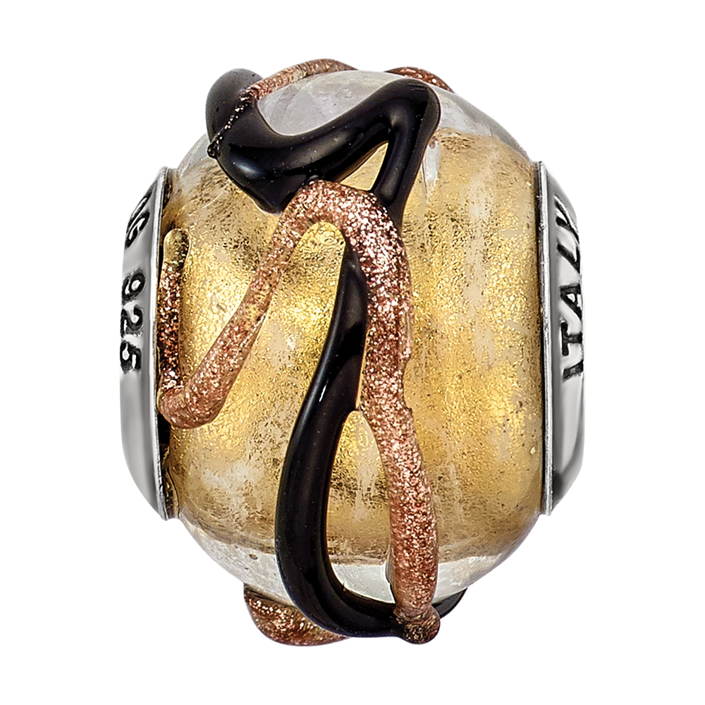 Sterling Silver Reflections Italian Yellow/Black/Brown Lines Glass Bead