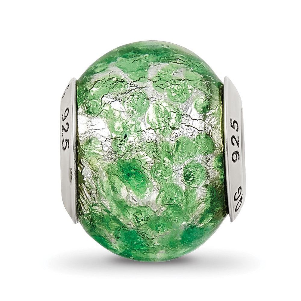Sterling Silver Reflections Green/White Italian Murano Glass Bead