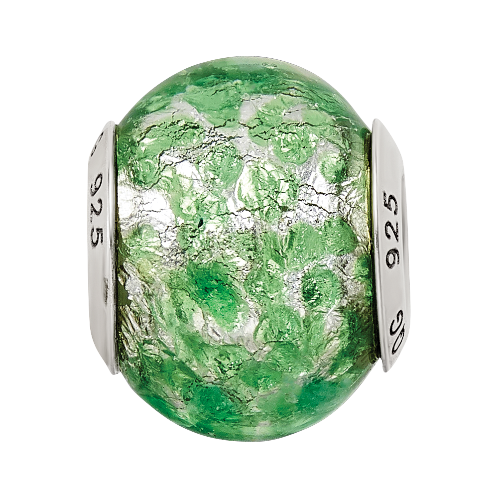 Sterling Silver Reflections Green/White Italian Murano Glass Bead