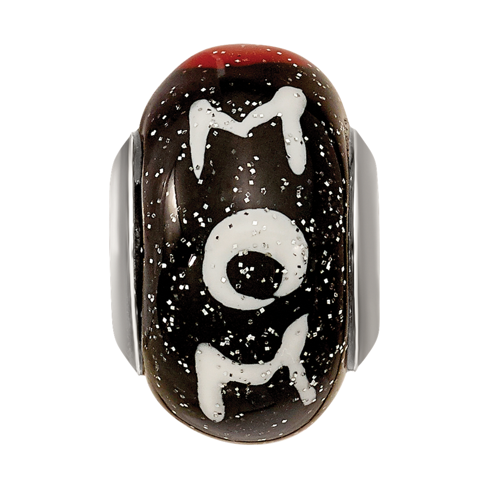 Sterling Silver Reflections Mom w/Hearts Black Italian Glass Bead