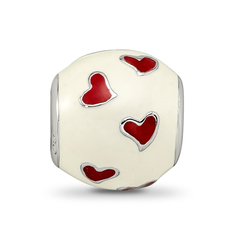 Sterling Silver Reflections Rhodium-plated Red & White Enamel Heart Bead
