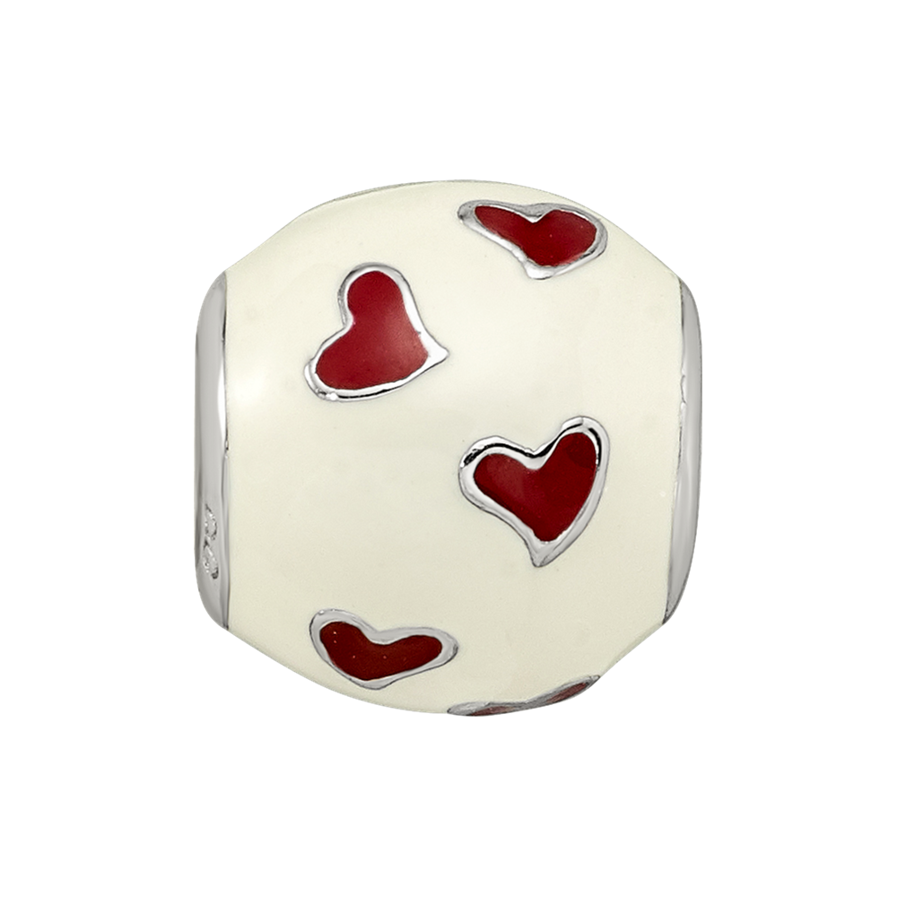 Sterling Silver Reflections Rhodium-plated Red & White Enamel Heart Bead