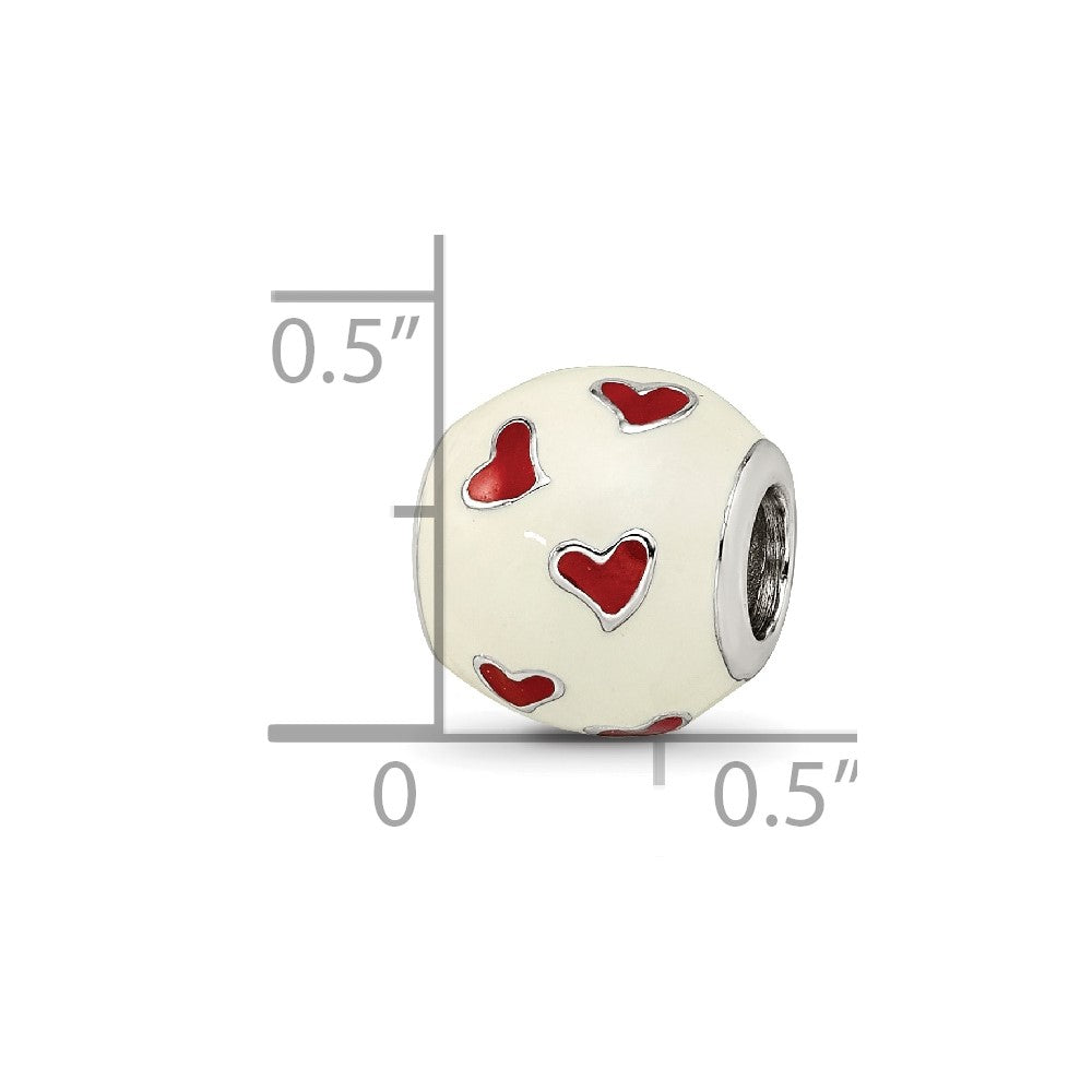 Sterling Silver Reflections Rhodium-plated Red & White Enamel Heart Bead