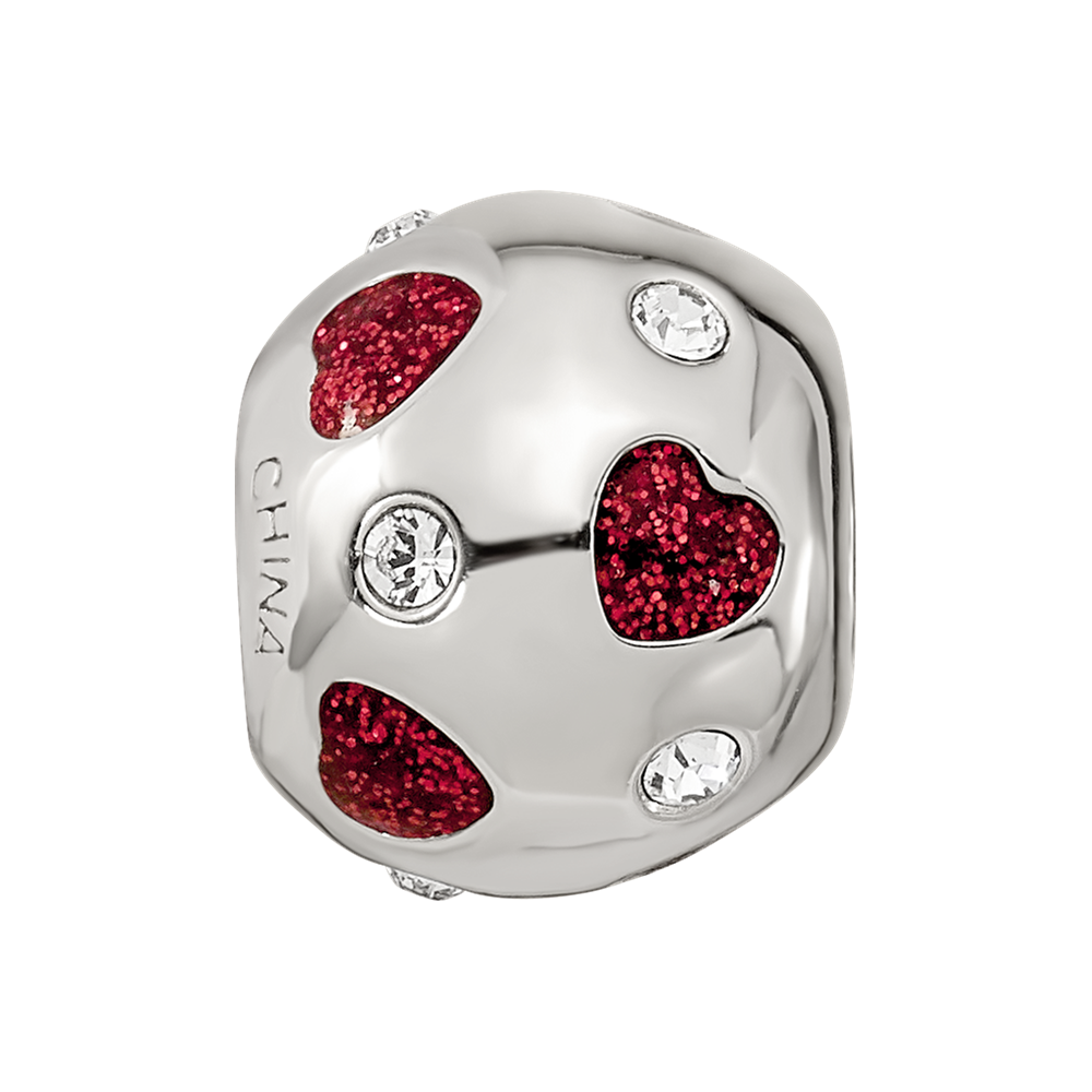 Sterling Silver Reflections Red Enameled Crystal Hearts Bead