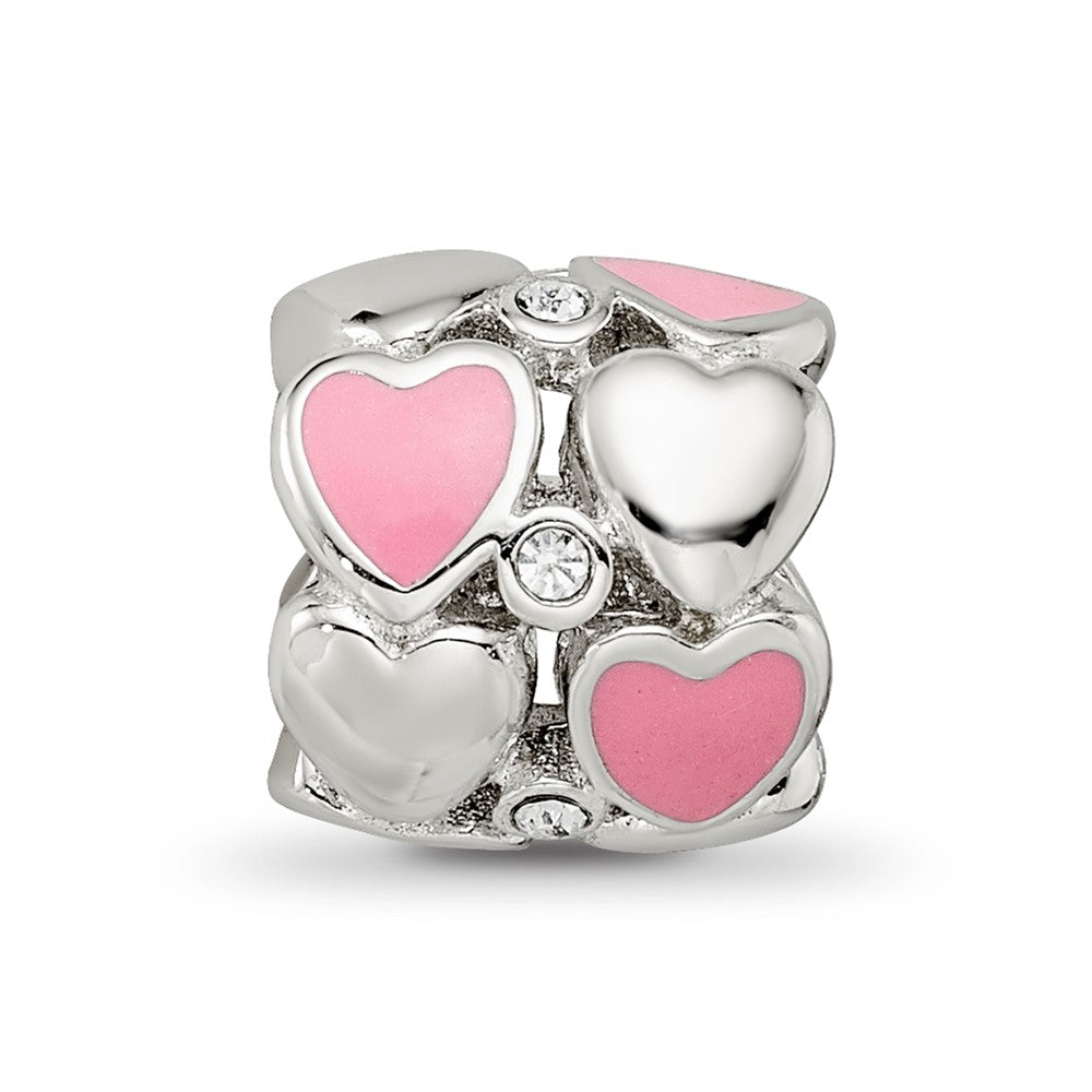 Sterling Silver Reflections Pink Enamel Crystal Hearts Bead