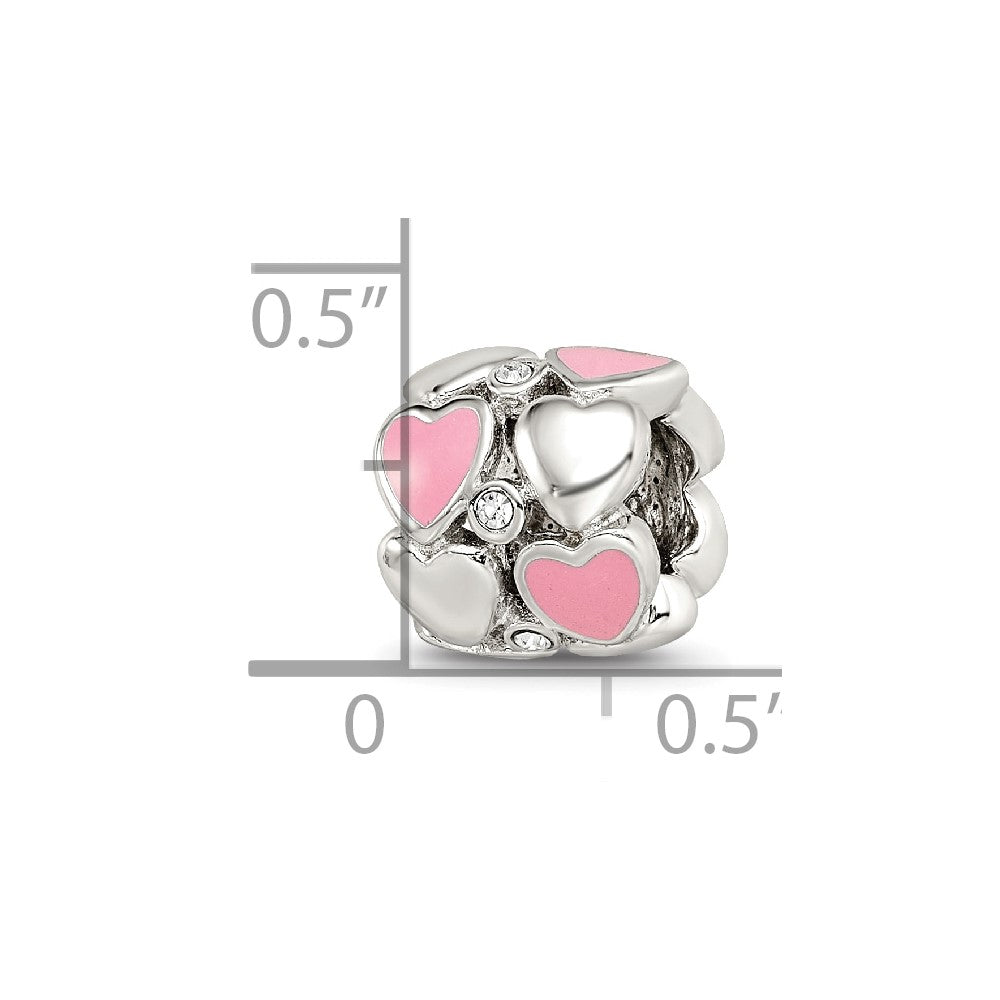 Sterling Silver Reflections Pink Enamel Crystal Hearts Bead