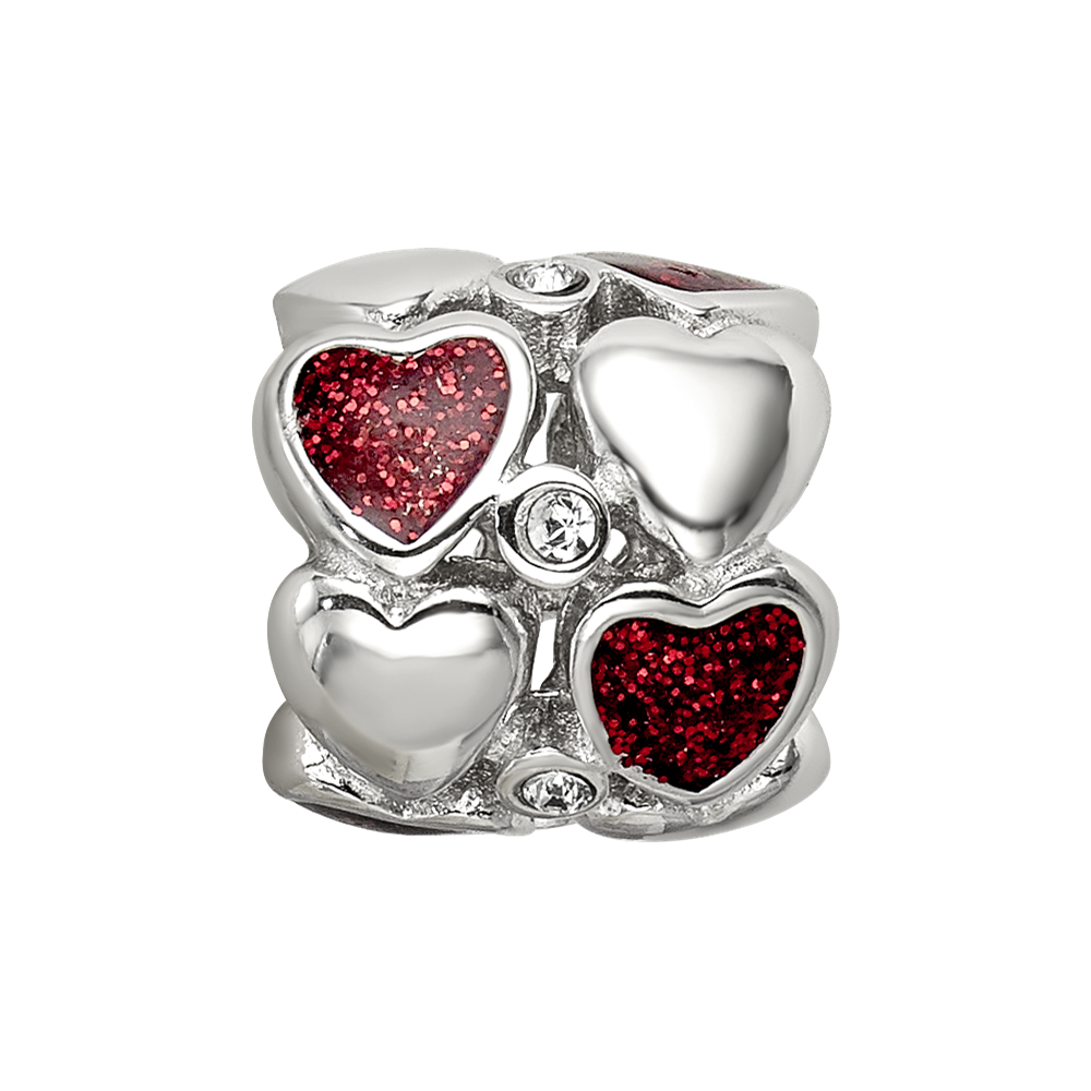 Sterling Silver Reflections Red Enamel Crystal Hearts Bead