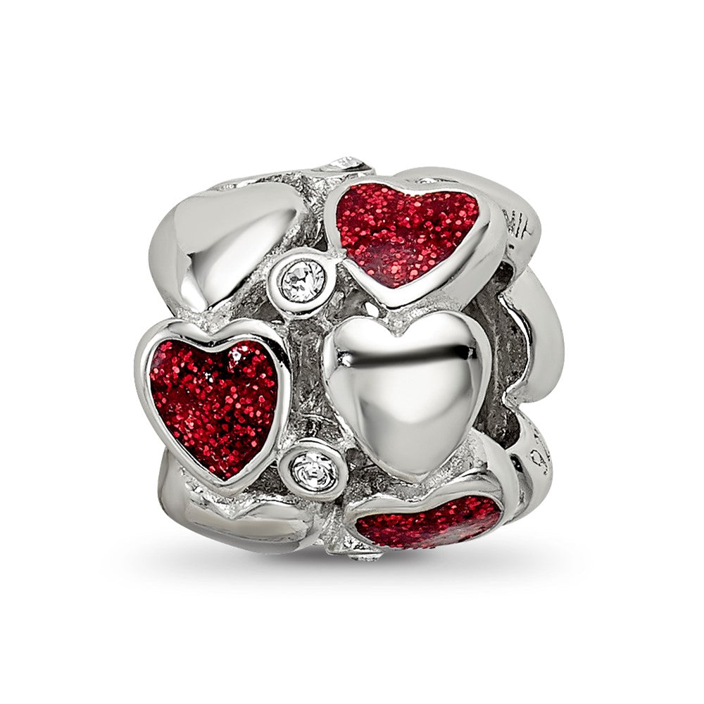 Sterling Silver Reflections Red Enamel Crystal Hearts Bead