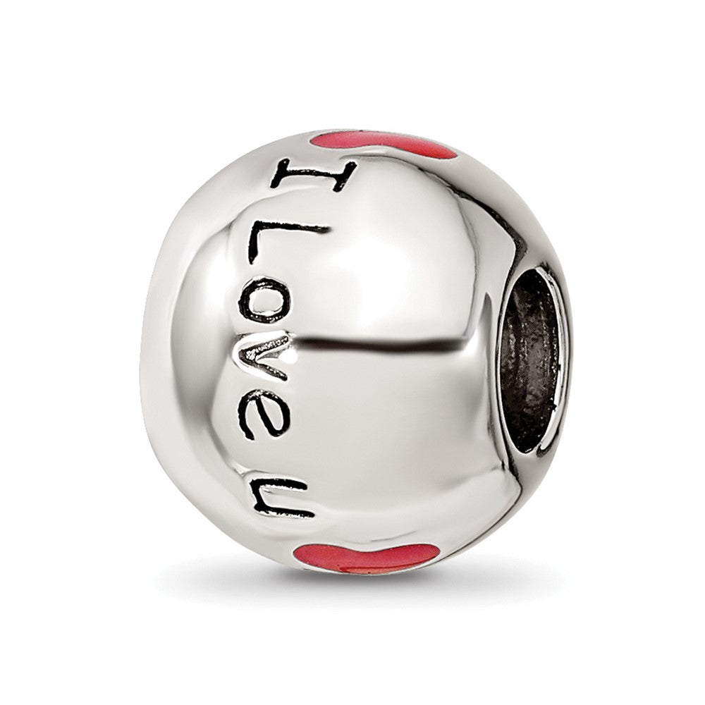Sterling Silver Reflections Rh-plated Black & Red Enamel I LOVE U Bead
