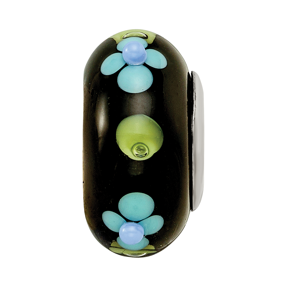 Ster.Silver Reflections Black Hand Painted Blue Floral Fenton Glass Bead