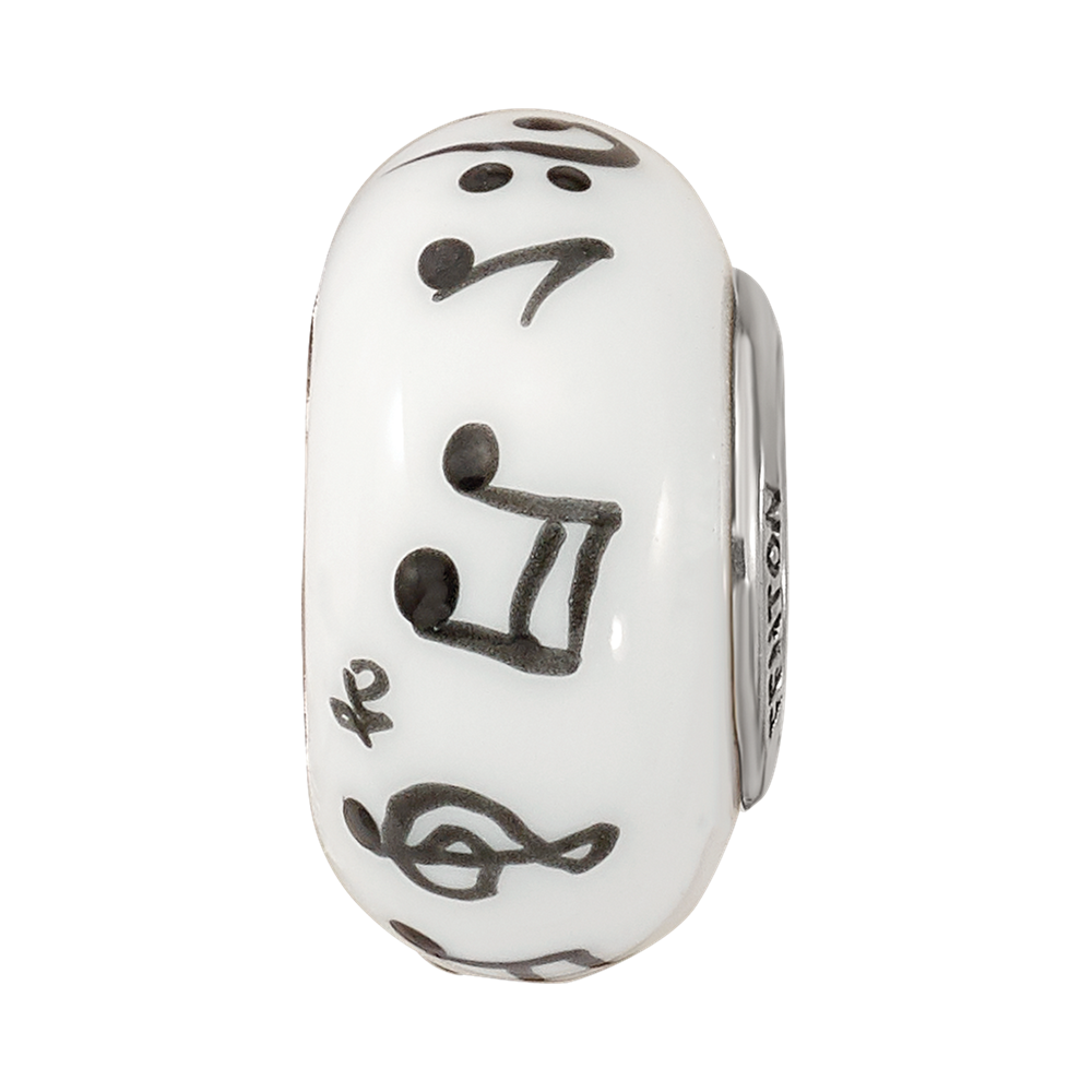 Ster.Silver Reflections White Hand Painted Music Notes Fenton Glass Bead
