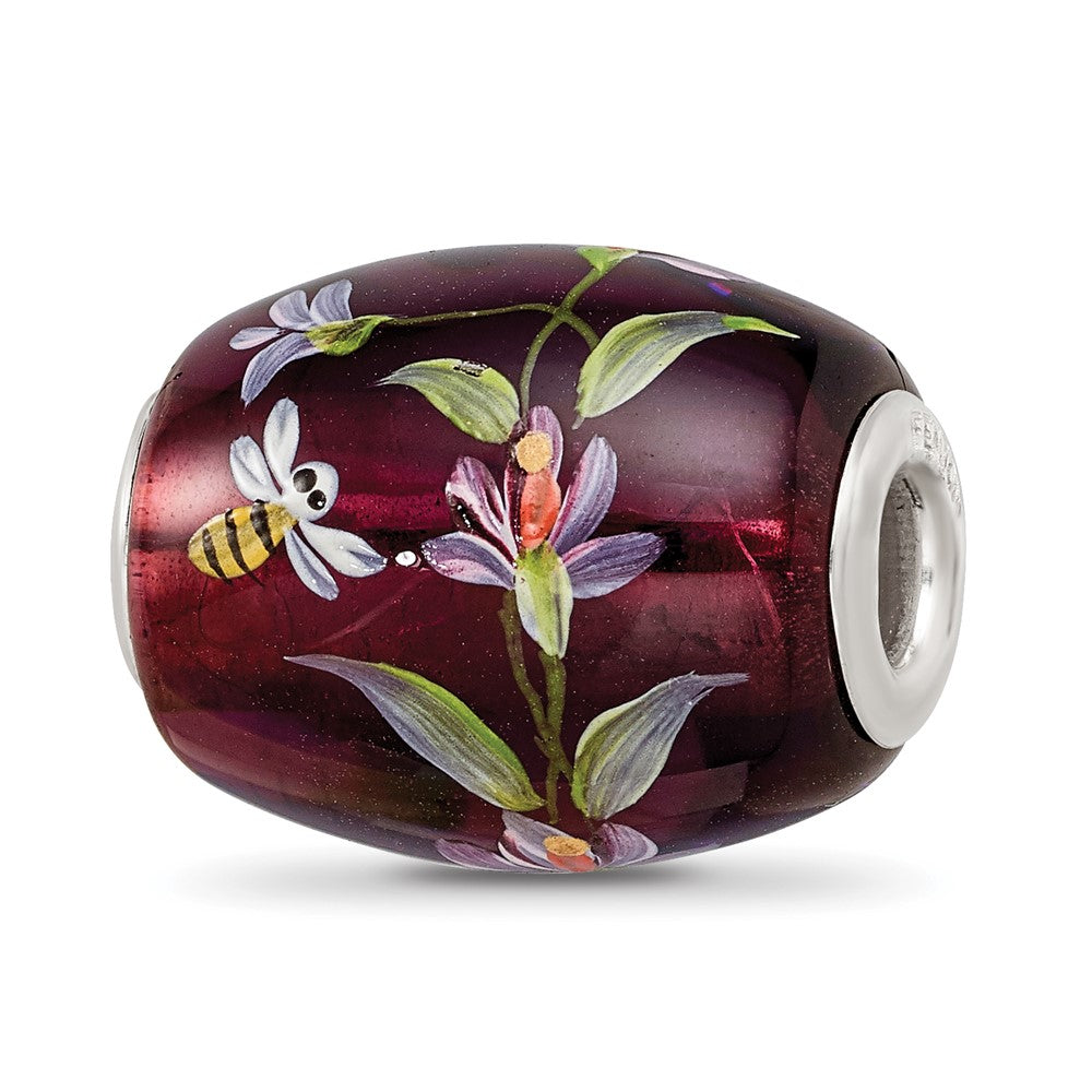 Ster.Silver Reflections Purple Hand Painted Magnolias Fenton Glass Bead