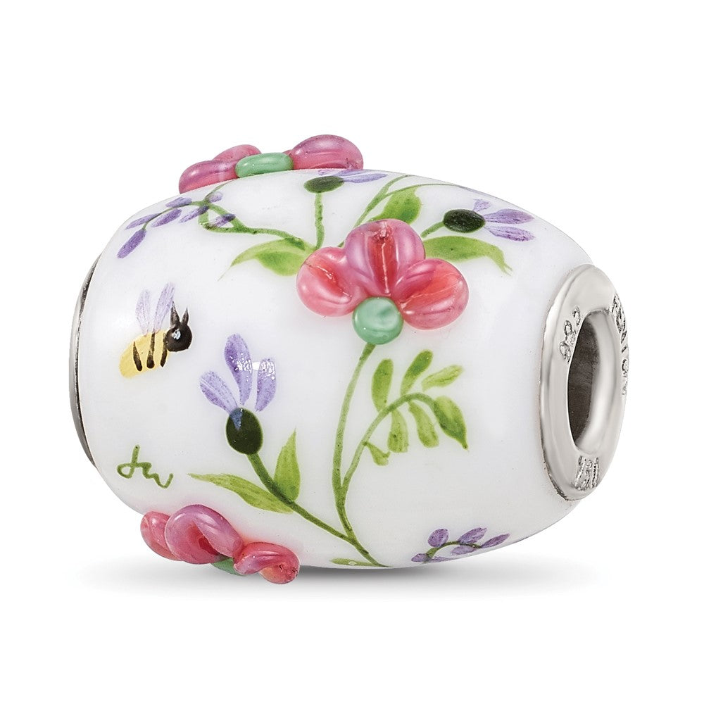 Sterling Silver White Hand Painted Floral Fenton Glass Bead