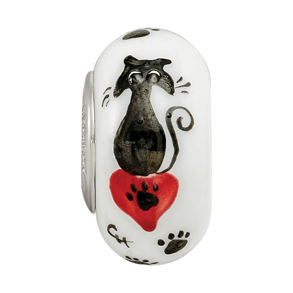 Ster.Silver Reflections White Hand Painted Cat Paws Fenton Glass Bead