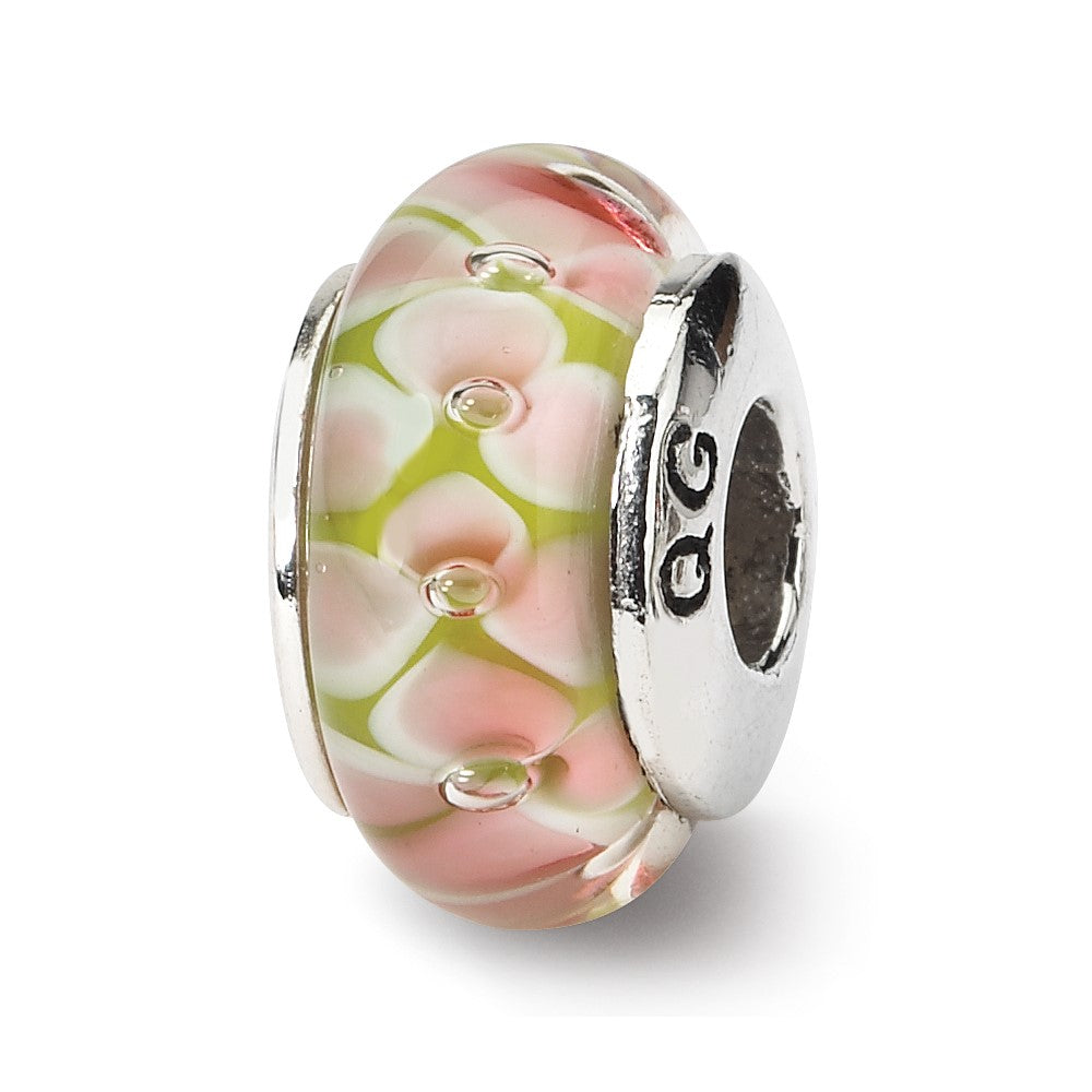 Sterling Silver Reflections Pink Floral Hand-blown Glass Bead