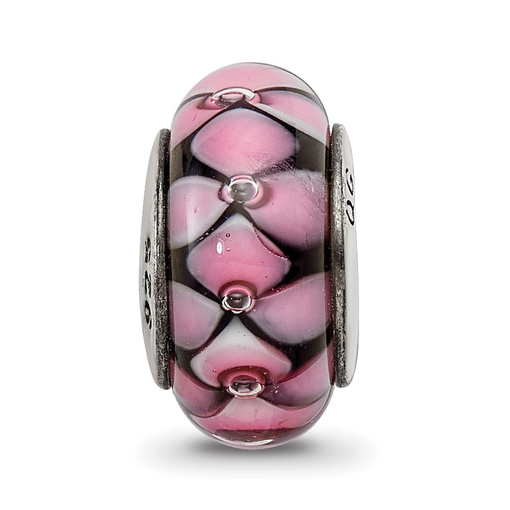 Sterling Silver Reflections Black/Pink Hand-blown Glass Bead