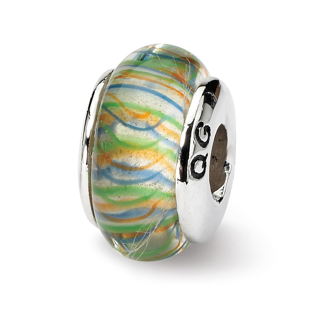 Sterling Silver Reflections Green Pastel Striped Hand-blown Glass Bead