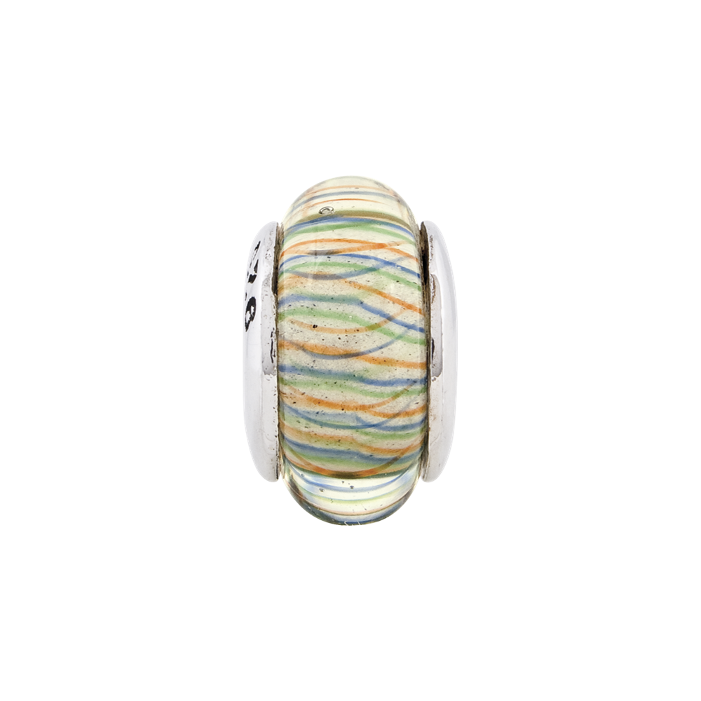 Sterling Silver Reflections Green Pastel Striped Hand-blown Glass Bead