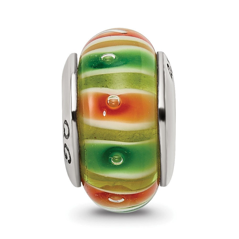 Sterling Silver Reflections Green/Orange Hand-blown Glass Bead
