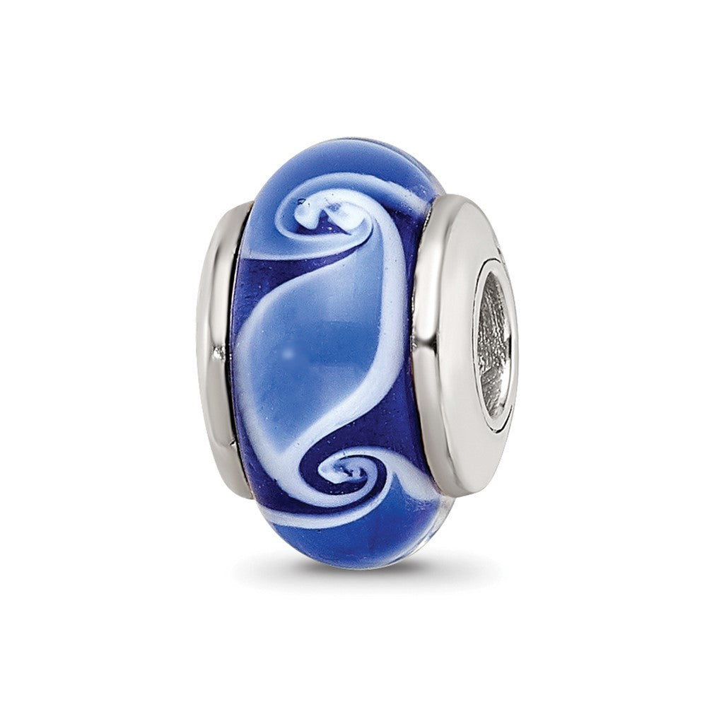 Kids Collection Sterling Silver Hand-blown Blue Glass Wave Pattern Reflections Bead