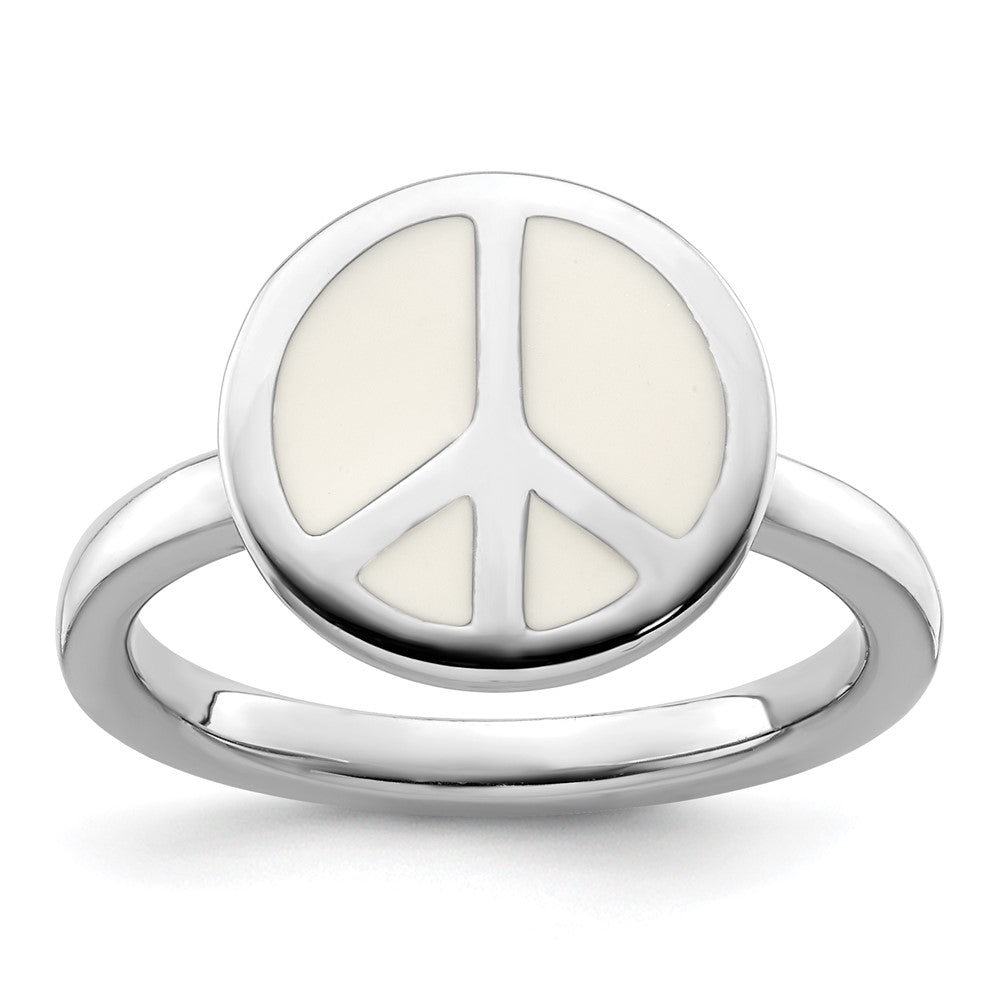 SS Stackable Expressions Polished White Enameled Peace Sign Ring