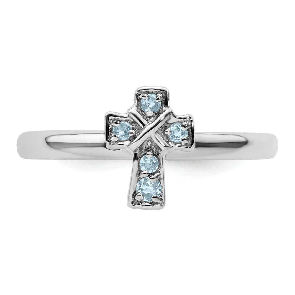 Sterling Silver Stackable Expressions Rhodium Aquamarine Cross Ring