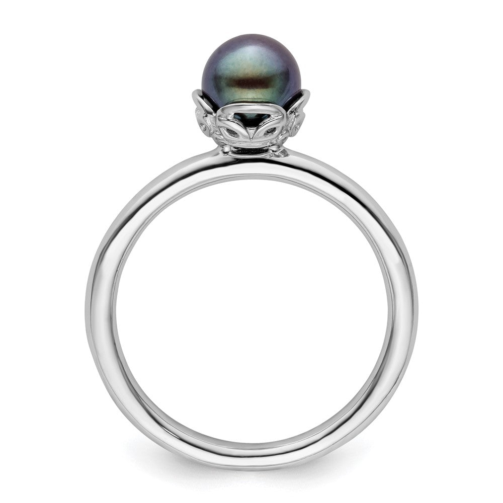 Sterling Silver Stack Exp. Polished Black FW Cultured Pearl Ring