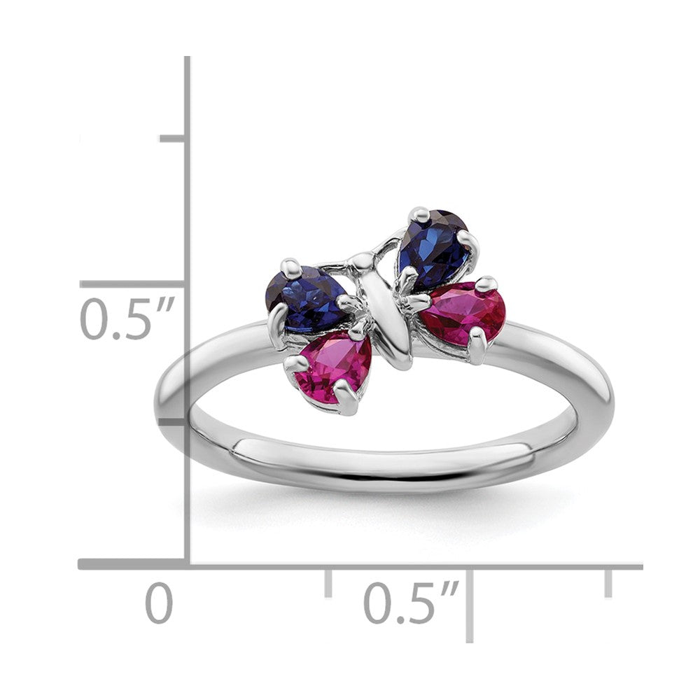 Sterling Silver Stackable Expressions Cr Ruby & Cr Sapphire Butterfly Ring