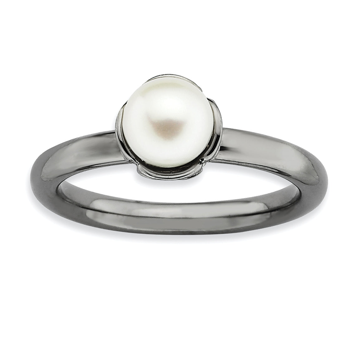 Sterling Silver Stack Exp. White FW Cultured Pearl Black-plate Ring