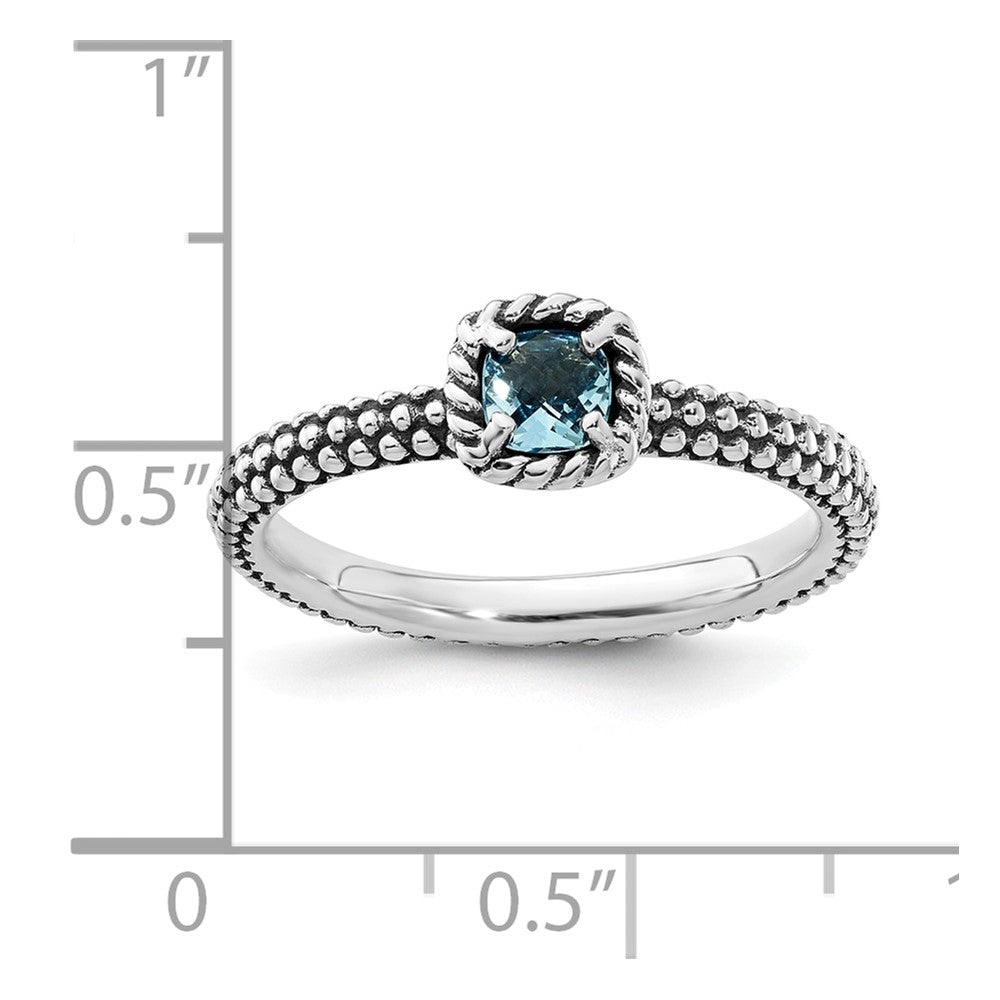 Sterling Silver Stackable Expressions Checker-cut Blue Topaz Antiqued Ring
