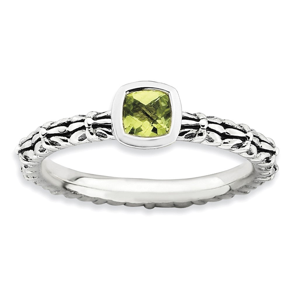 Sterling Silver Stackable Expressions Checker-cut Peridot Antiqued Ring