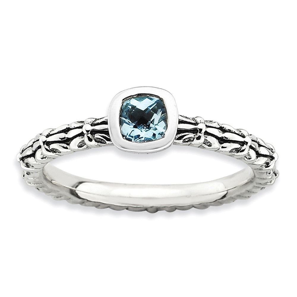 Sterling Silver Stackable Expressions Checker-cut Blue Topaz Antiqued Ring