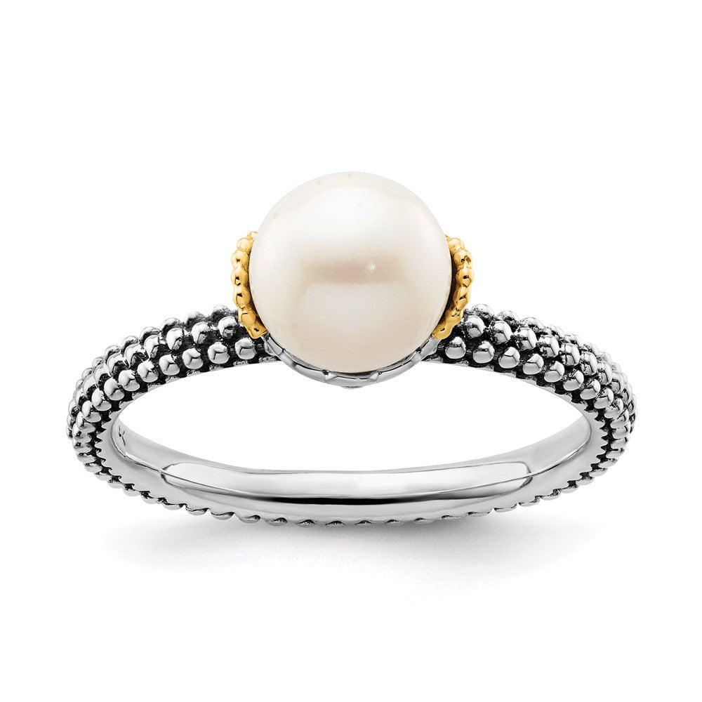 Sterling Silver & 14k Stack Exp. 7.0-7.5mm White FW Cultured Pearl Ring